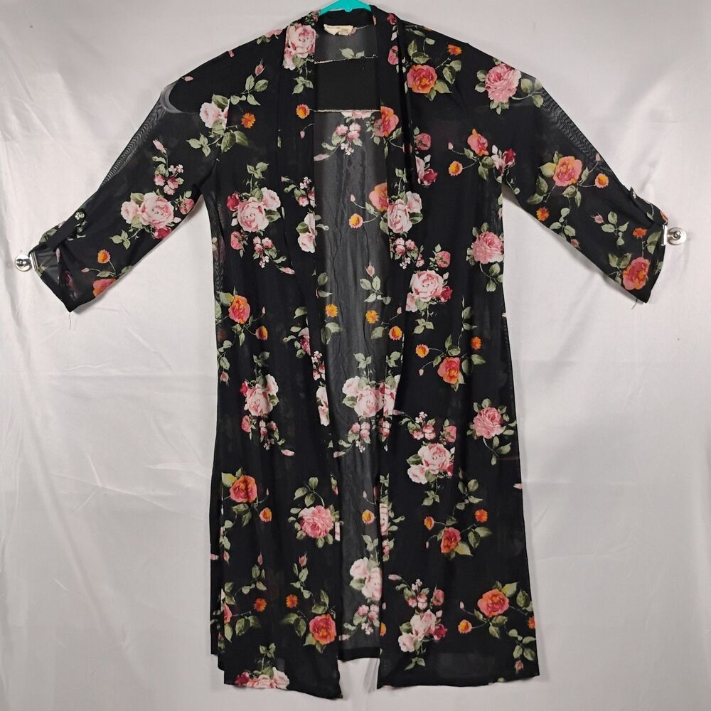 Ember Womens Black And  Floral Kimono Open Front Cardigan Size Medium